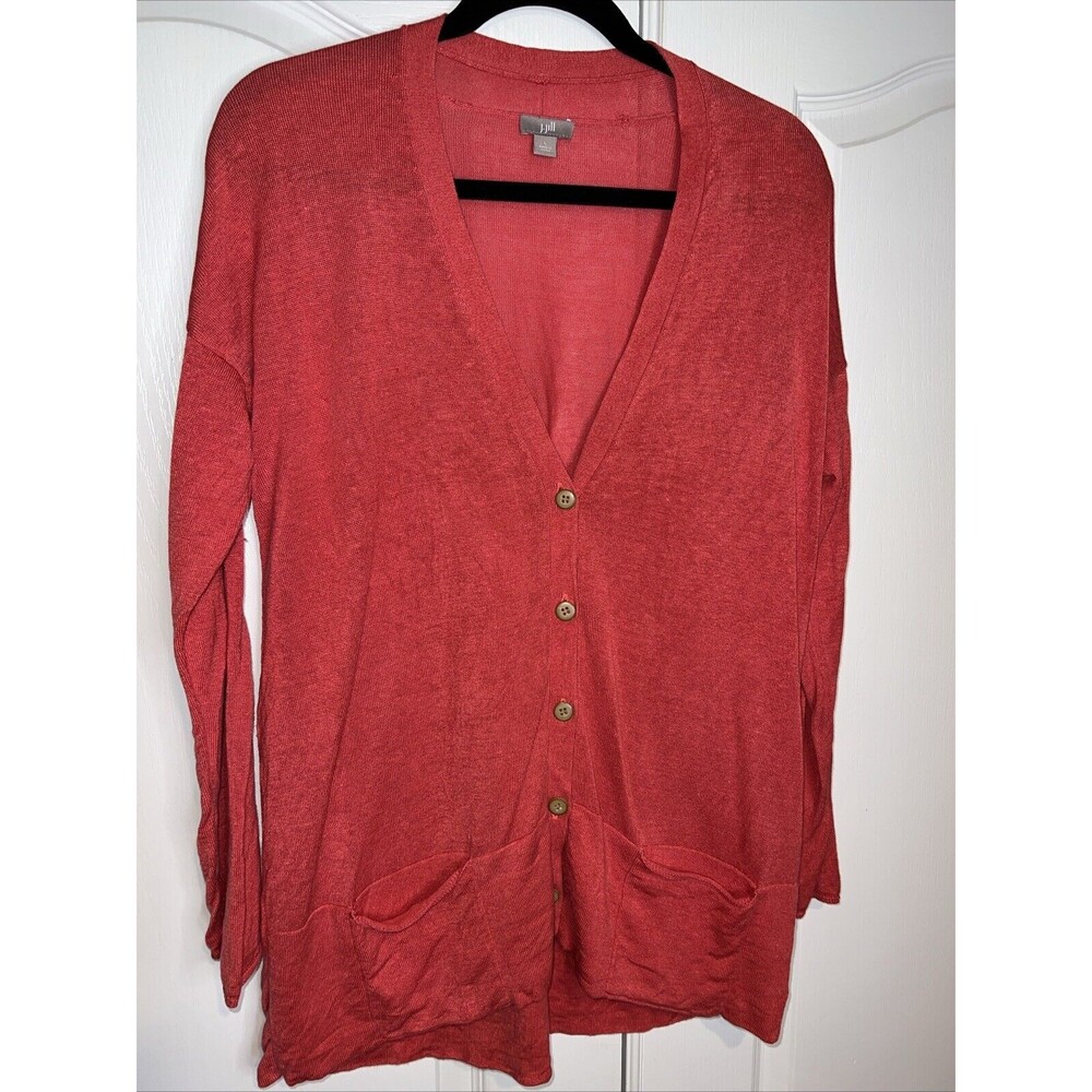 J. Jill Cardigan Sweater Women Large Coral Linen Blend Button V Neck 3/4 Sleeve